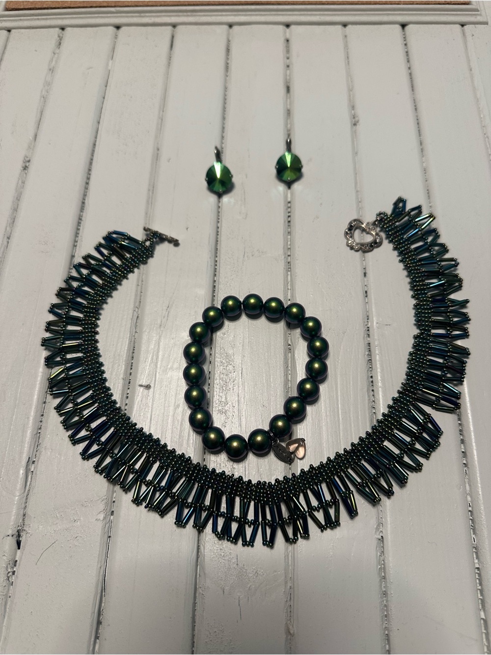 Sabika Iridescent Emerald Green Bead Necklace, Bracelet & Earrings Set